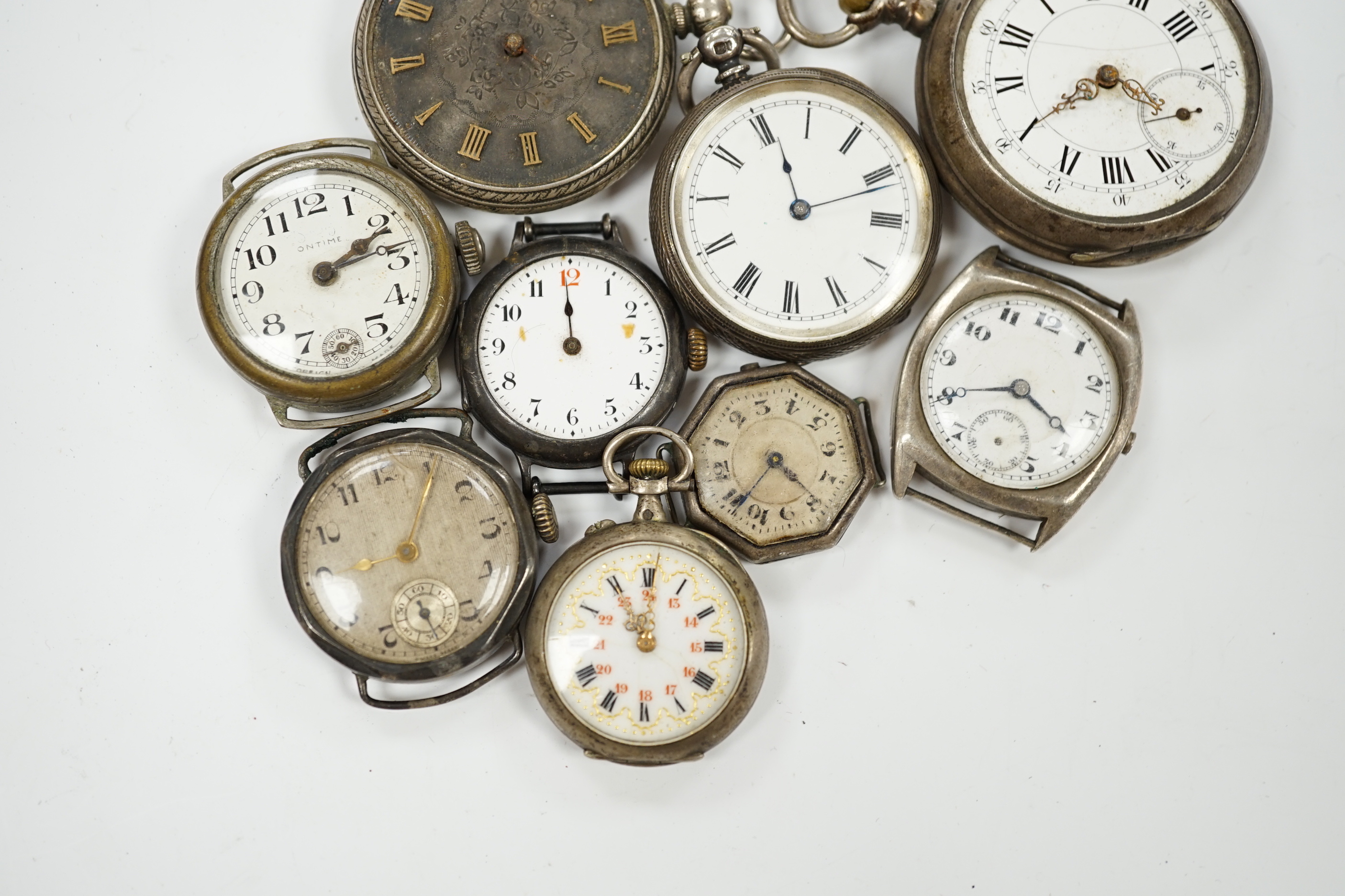 Nine assorted mainly silver fob or wrist watches including Ontime.